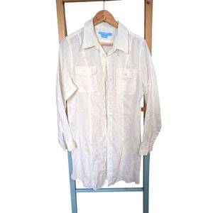 Island Company 100% Linen White T Shirt Dress Long Sleeve Breast Pockets